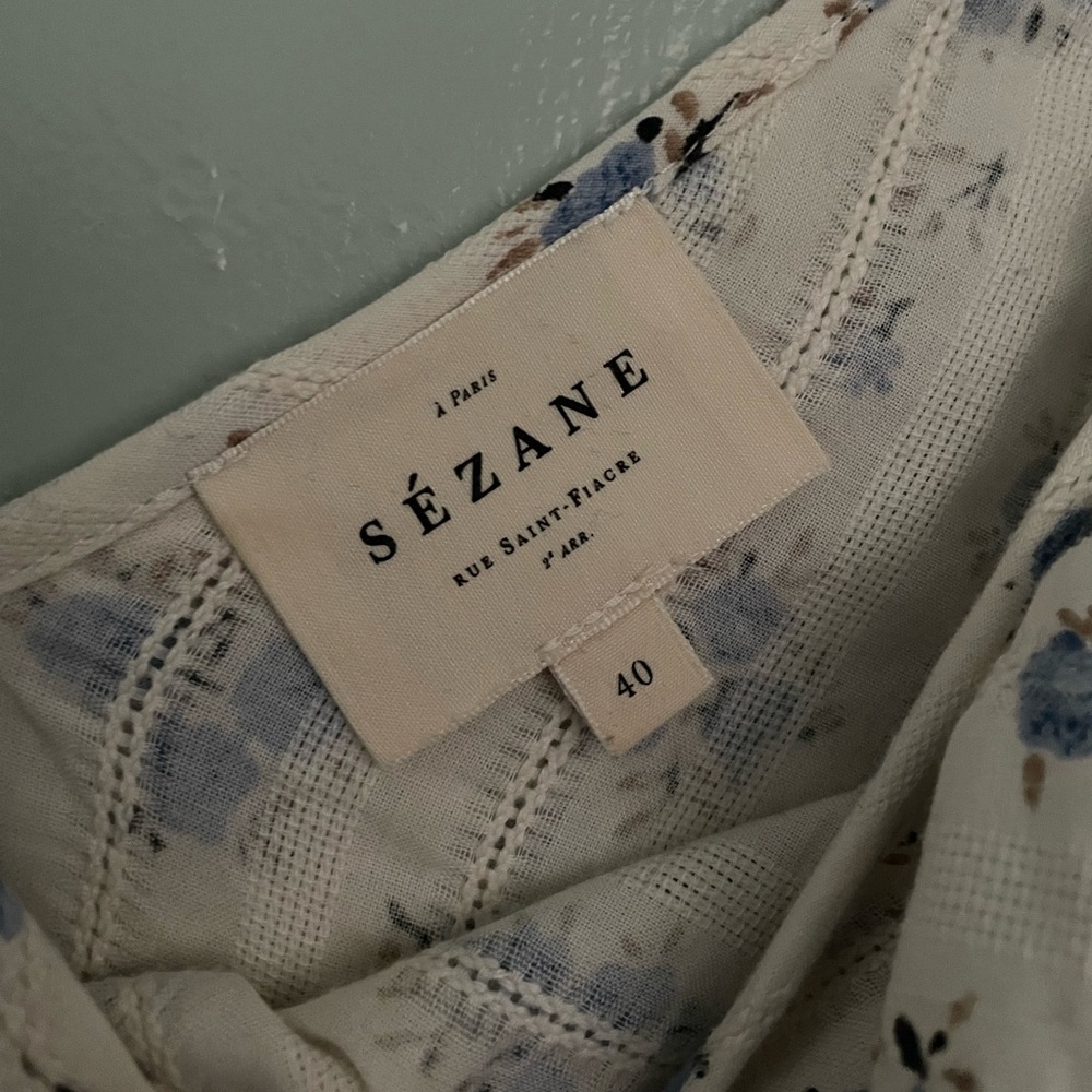 Sezane Gold Blouse Blue Floral Ruffle - Picture 2 of 3
